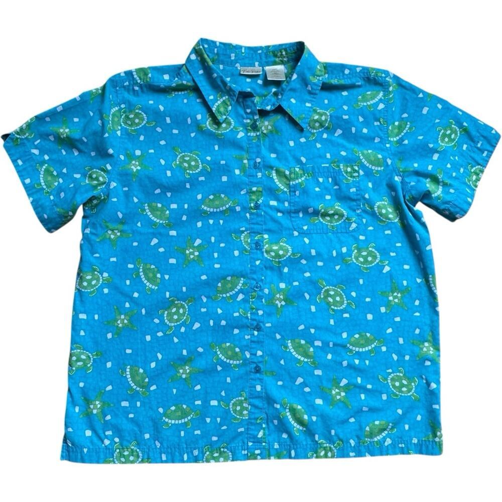 Bobbie Brooks Cotton Blend Marine Life Sea Turtle Button Top Blue Womens 18W/20W